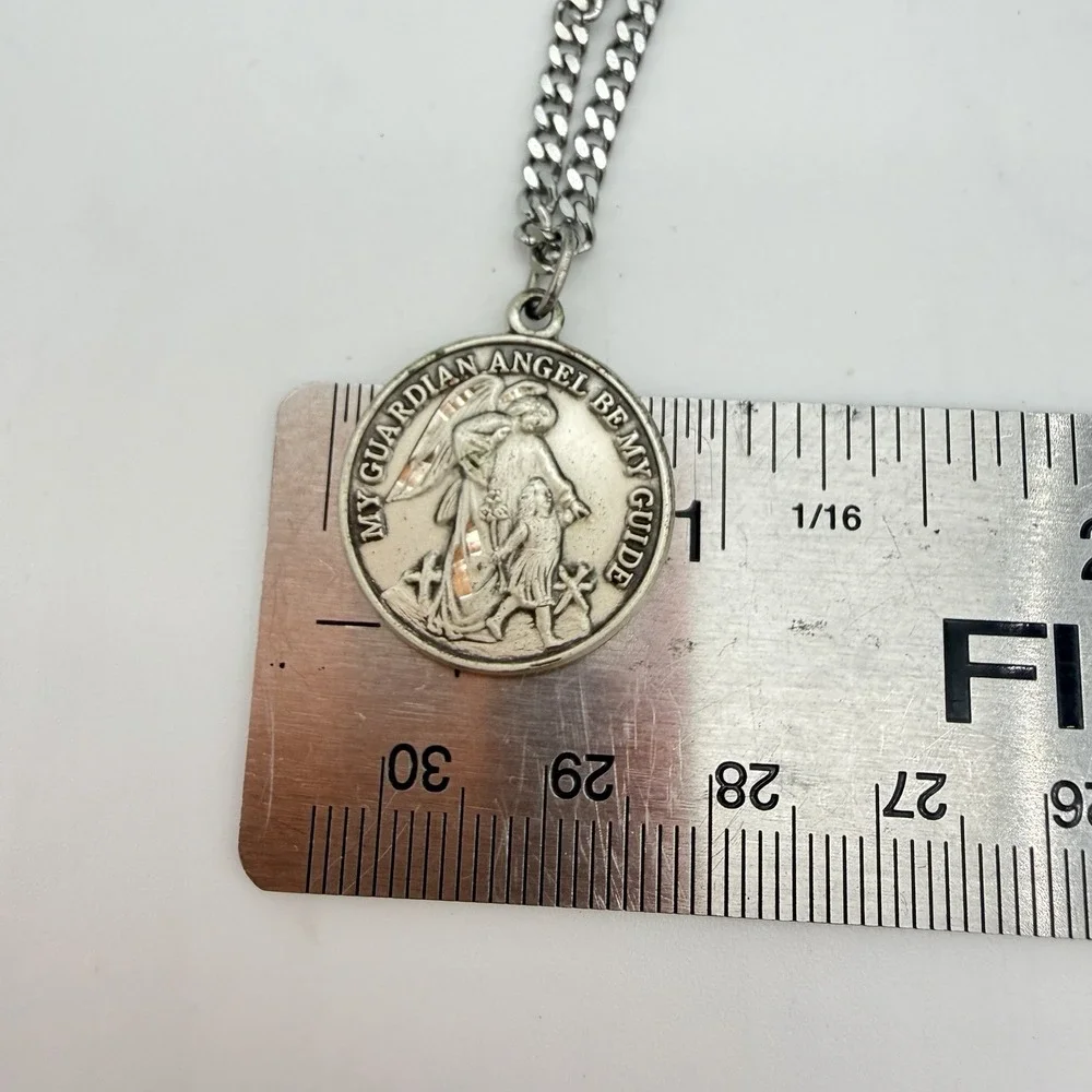 Vintage Creed Sterling Silver Medal Pendant Necklace Guardian Angel Be My Guide